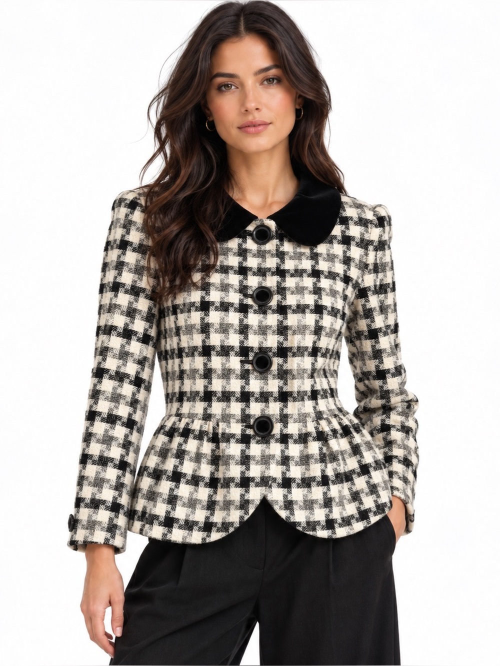 Takeo Nishida Vintage Black & Ivory Houndstooth Wool Blend Peplum Blazer Size 9